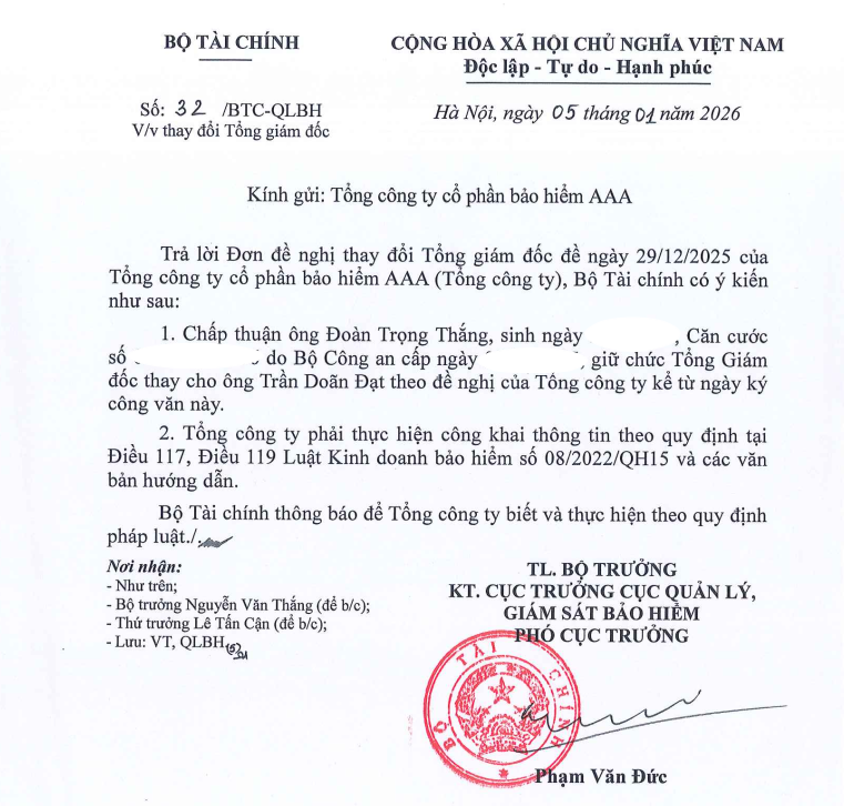 THÔNG BÁO THAY ĐỔI NHÂN SỰ - TỔNG GIÁM ĐỐC TỔNG CÔNG TY CỔ PHẦN BẢO HIỂM AAA
