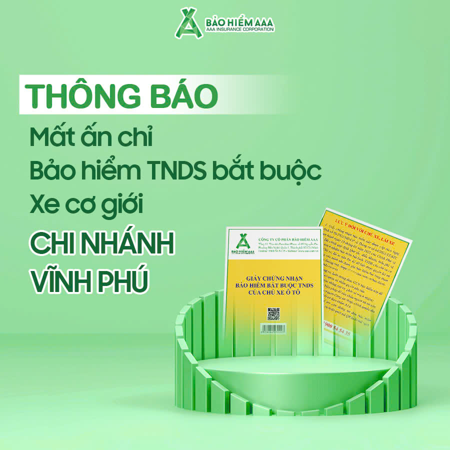 THÔNG BÁO MẤT ẤN CHỈ BẢO HIỂM TNDS BẮT BUỘC XE CƠ GIỚI - CHI NHÁNH VĨNH PHÚ (CẬP NHẬT THÁNG 12/2025)